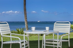 Relax in a serene oceanfront setting with a tranquil view.