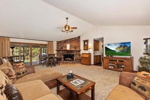 TV, fireplace, DVD player - Big Bear Bungalow by Destination Big Bear : Hot Tub! Fenced Yard! Internet! Gas BBQ! Luxury! Family Friendly! Wood Burning Fireplace! (Big Bear Lake)