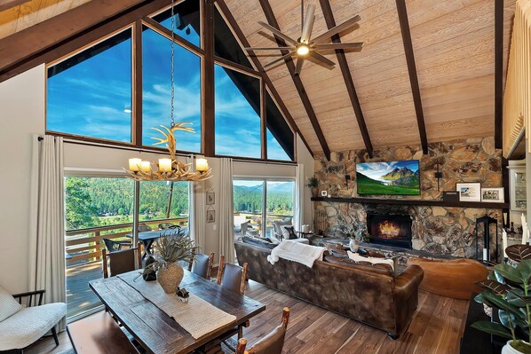 Flat-screen TV, fireplace, DVD player, table football - Heavenly Heights by Destination Big Bear : Mountain and Lake Views! Propane Grill! Foosball Table! Near Bear Mountain! Wifi! (Big Bear Lake)