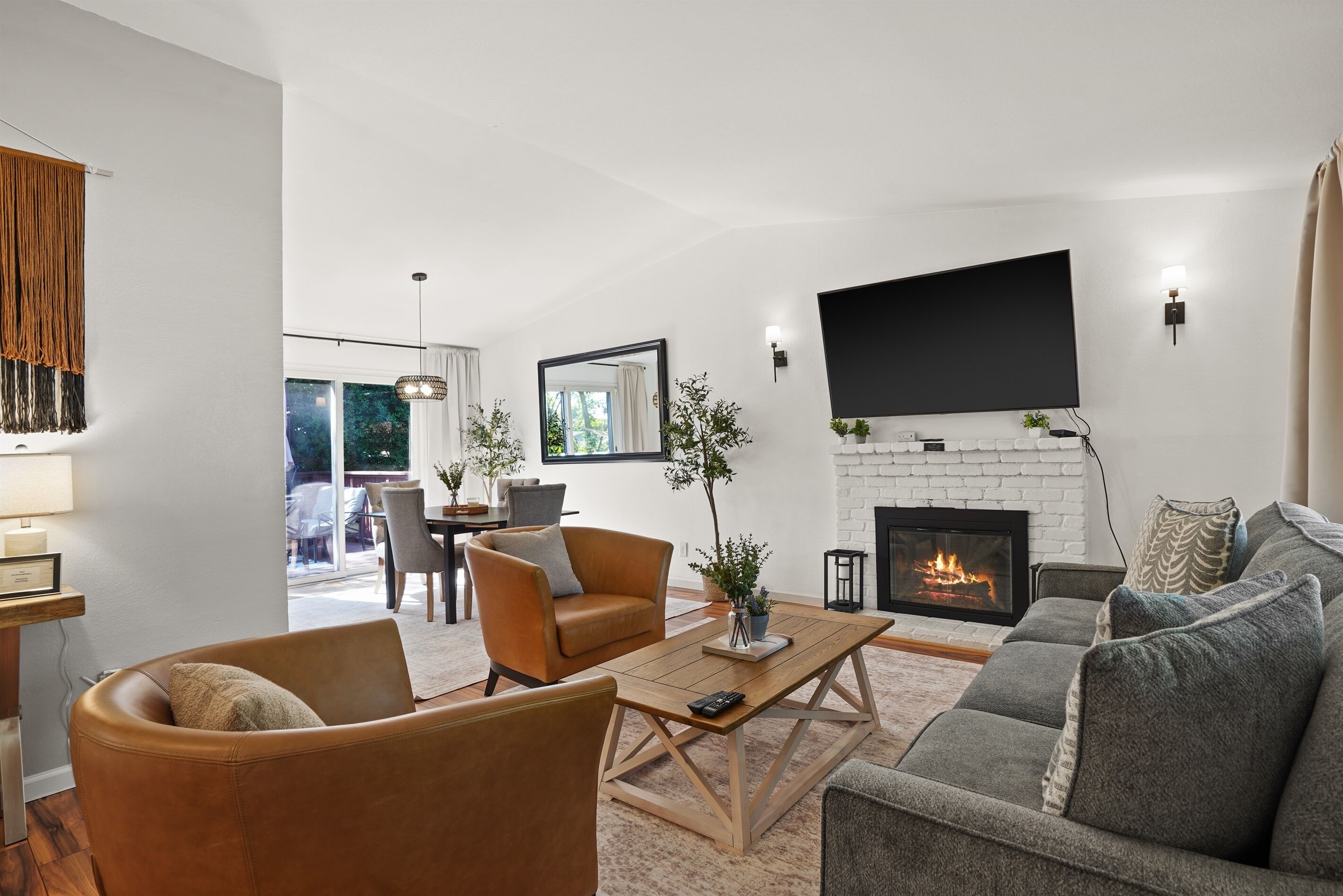 Smart TV, fireplace, books