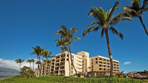 Un hotel de varios pisos, palmeras y un cielo azul despejado.