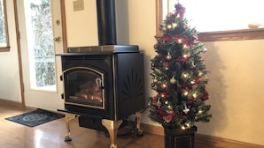 A wood-burning stove with a glass door, a Christmas tree with lights, and a wooden floor. - Family vacation destination! Lake activities and game house! (Kenai)