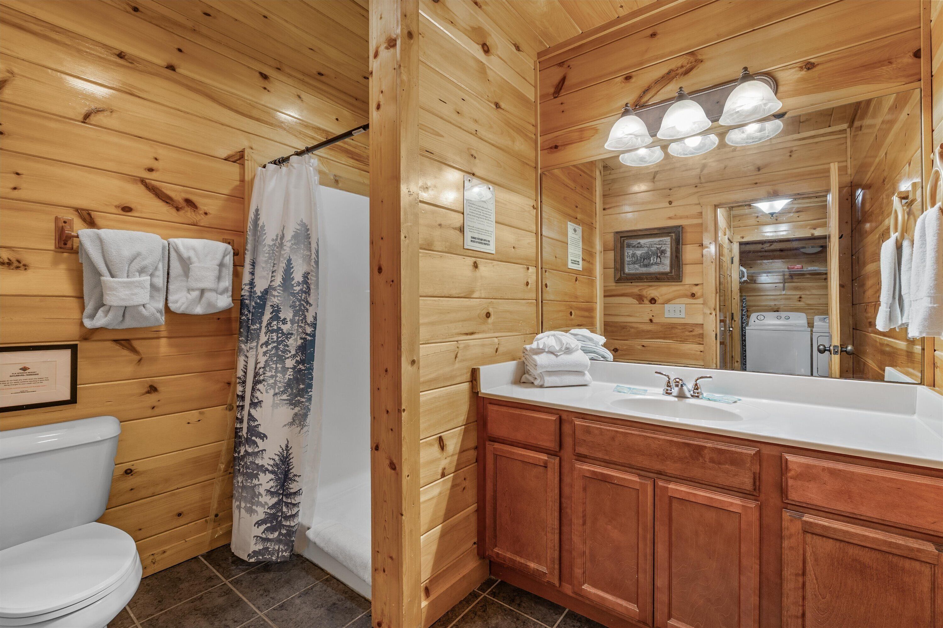Une salle de bain rustique, aménagée dans une cabane en bois, avec des toilettes, un lavabo et une douche.