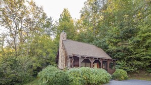 A log cabin with a stone chimney, surrounded by dense greenery and a paved driveway.