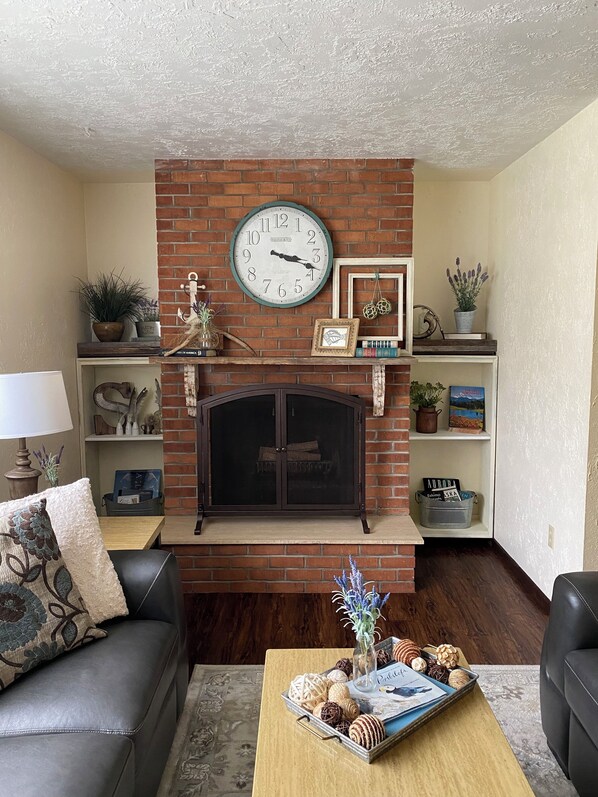 Smart TV, chimenea, reproductor de DVD y libros 