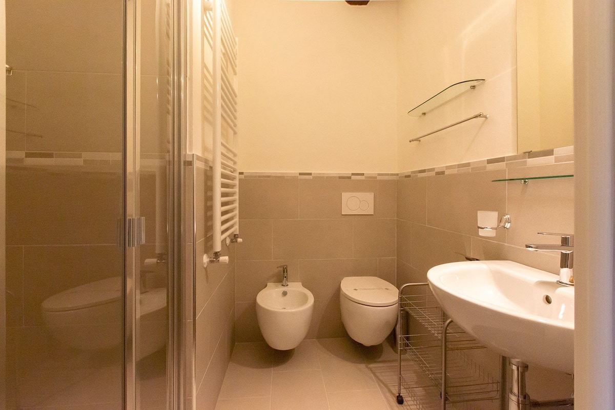 Shower, free toiletries, hair dryer, towels