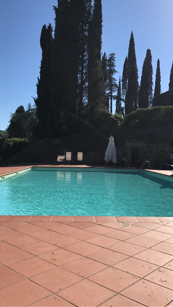 Seasonal outdoor pool, pool umbrellas, sun loungers