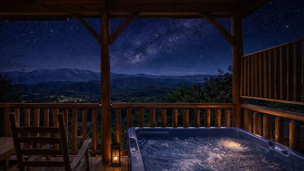 Una terraza de madera con un jacuzzi y una silla, con vista a un paisaje montañoso bajo un cielo estrellado.