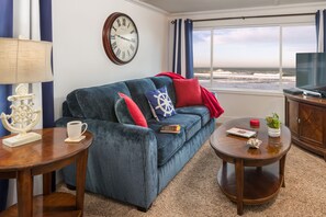 TV connectée, cheminée, lecteur de DVD, livres