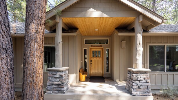 A house with a wooden porch, stone pillars, and a front door with a window above it. - TIMB03 - Classic Lodge Style Home, Single Level, Ping Pong & Foosball, Hot Tub (Sunriver)