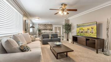 Een televisie, een open haard en een dvd-speler