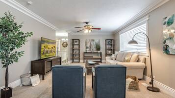 Una televisión, una chimenea, un reproductor de DVD