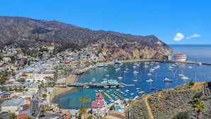 A coastal town with a marina filled with boats, a prominent building with a red roof, and a mountainous backdrop. - 11LT Lower: 2BD Home with Stunning Panoramic Views,BBQ, Spacious Balcony, WIFI (Avalon)