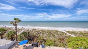 Vista de una playa con cielo despejado, palmeras y arena.