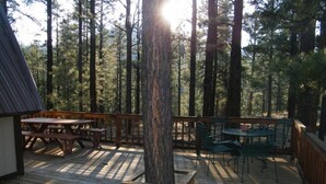 A wooden deck with picnic tables and chairs, surrounded by tall trees.