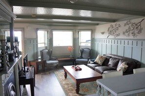 智能电视、壁炉、DVD 播放器、书