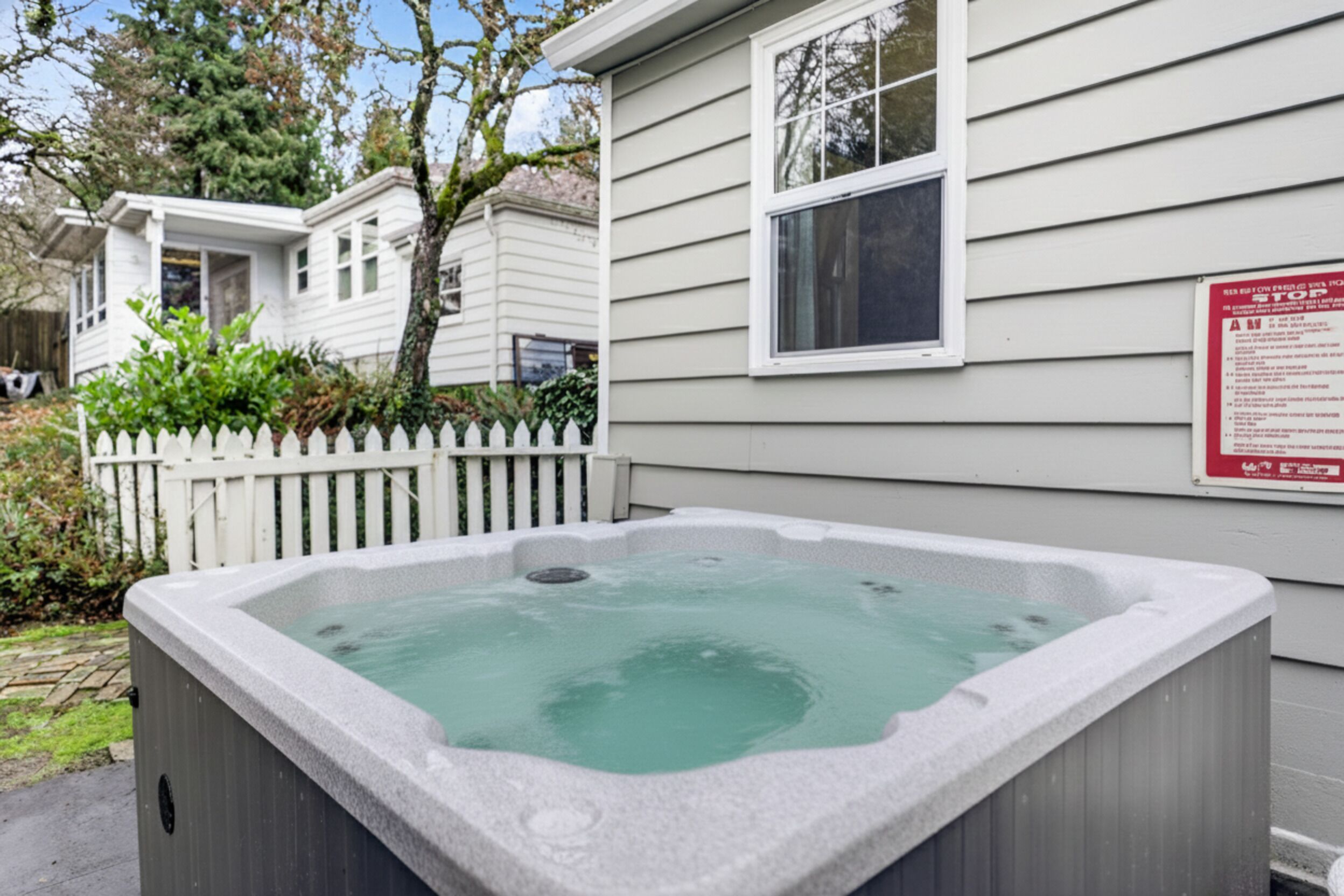 Un jacuzzi al aire libre frente a una casa con cerca blanca y un cartel en la pared.