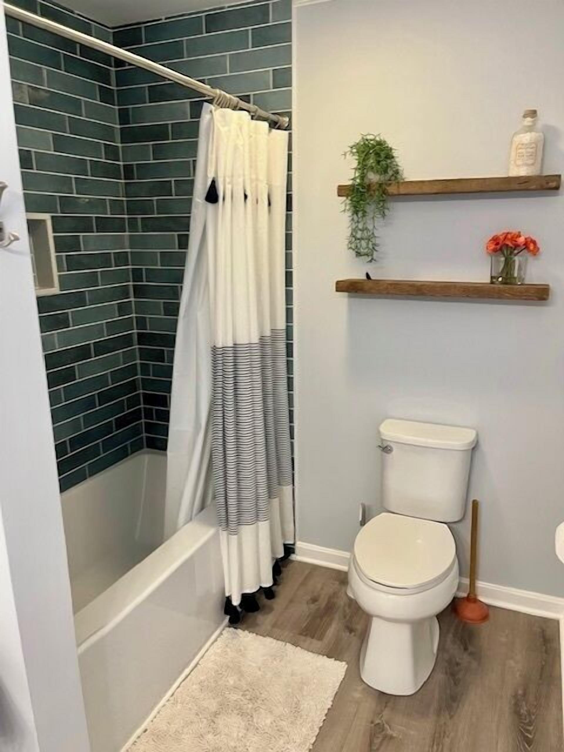Un baño con ducha, inodoro y un pequeño estante con una planta y una botella.