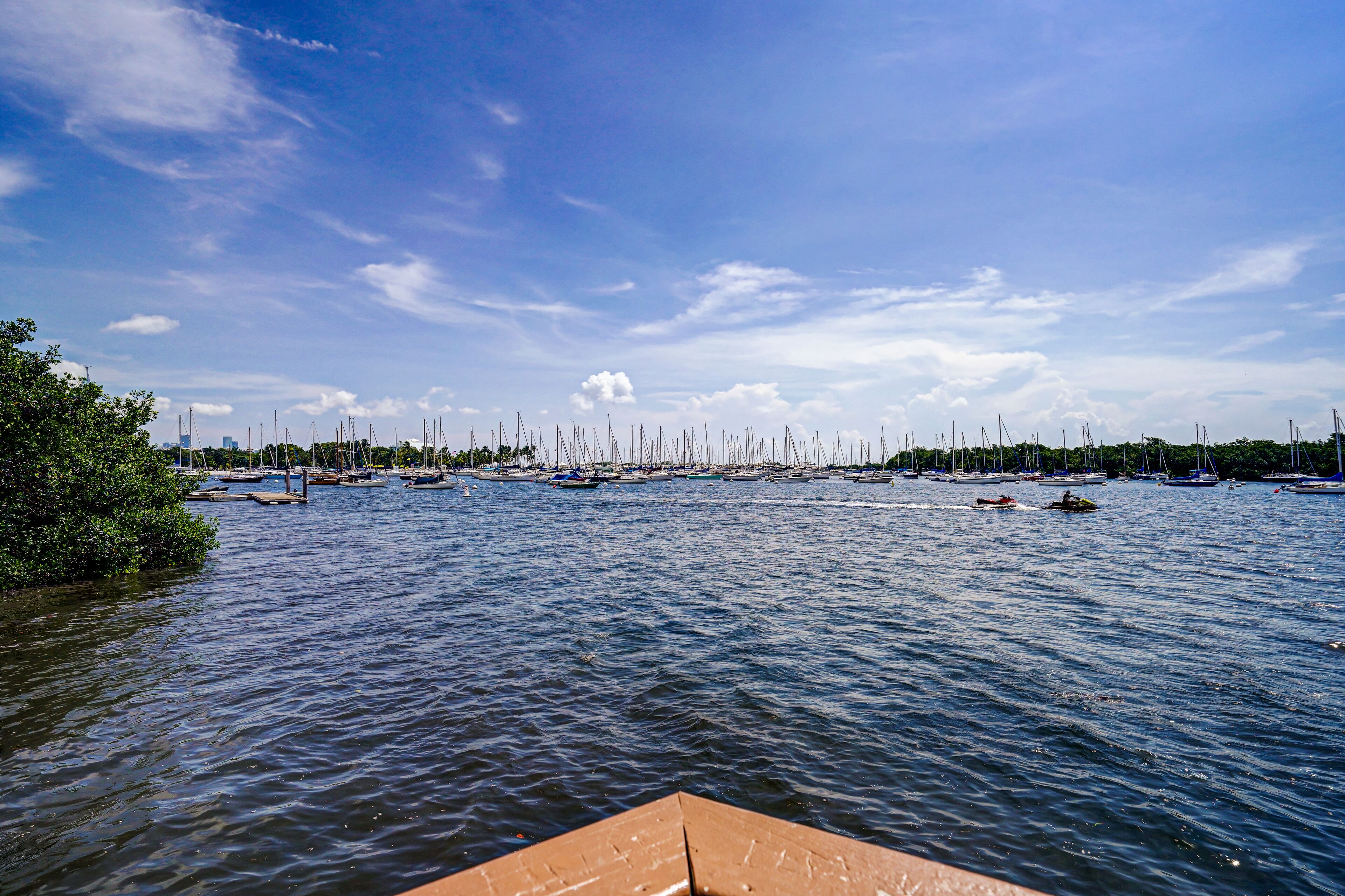 A marina with multiple sailboats docked along the shore.