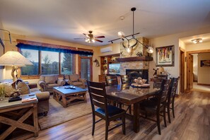 Flat-screen TV, fireplace