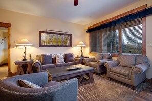 Flat-screen TV, fireplace