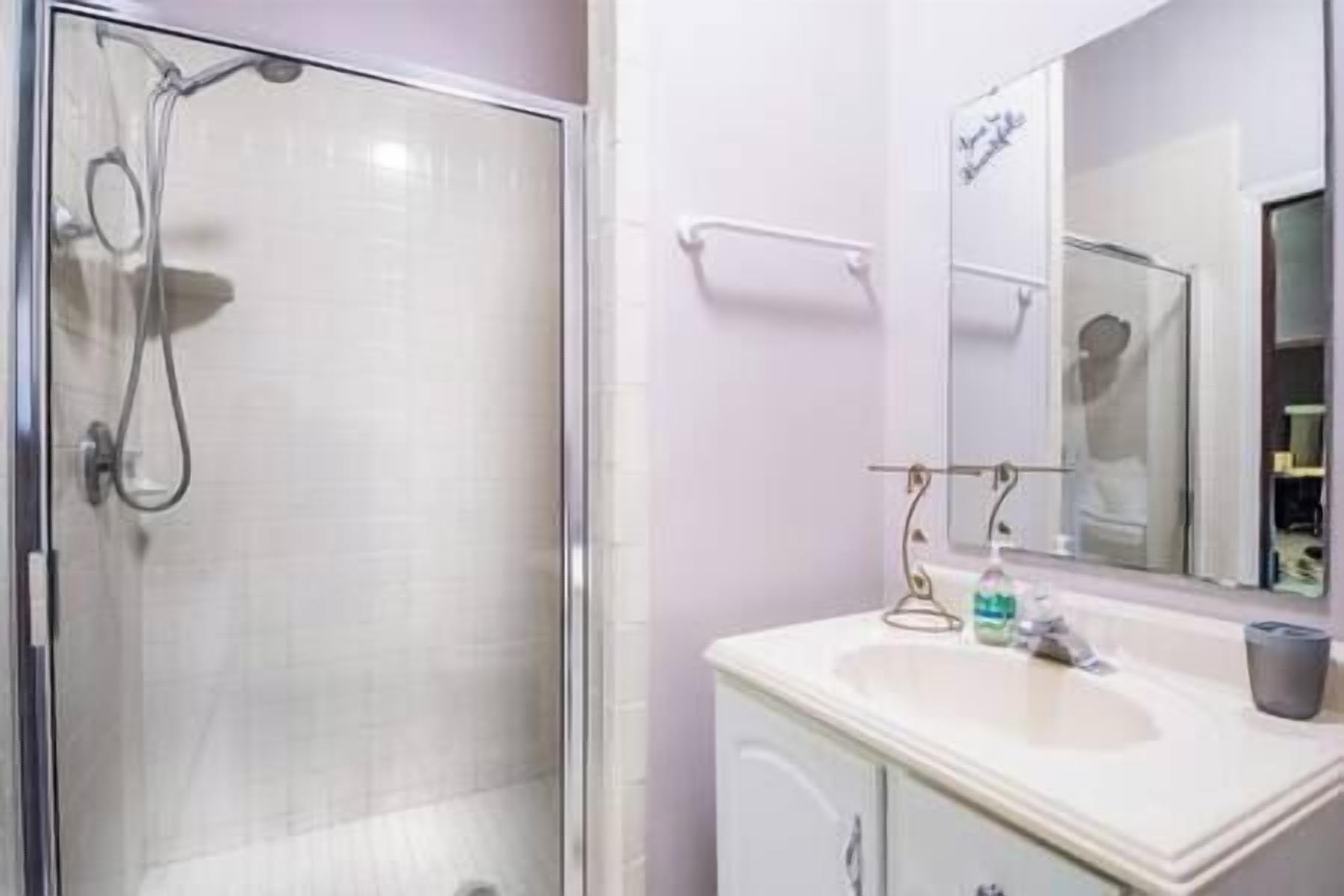 A bathroom with a glass shower enclosure, a white sink, and a mirror above the sink.