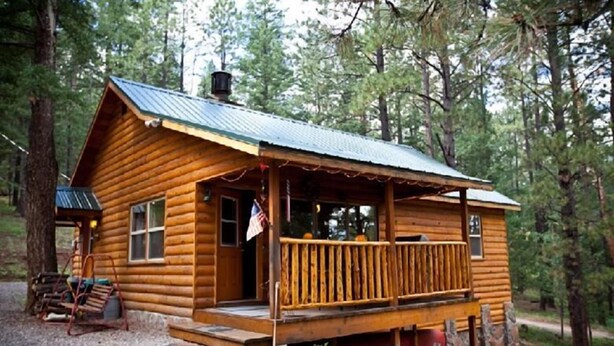 A log cabin with a porch, a small deck, and a flag outside. - Montgomery's Cozy Forest Retreat (Greer)