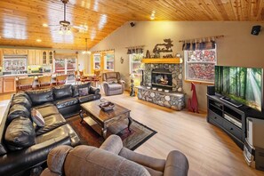 Télévision, cheminée, lecteur de DVD, baby-foot