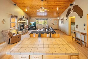 Télévision, cheminée, lecteur de DVD, baby-foot