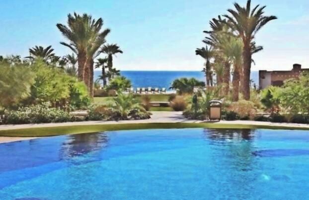 A resort with a swimming pool, palm trees, and a view of the ocean.