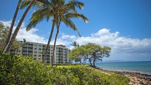 Un hotel frente a la playa con varios pisos, palmeras y vistas al océano.