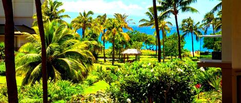 A tropical resort with palm trees, a thatched-roof structure, and a view of the ocean.