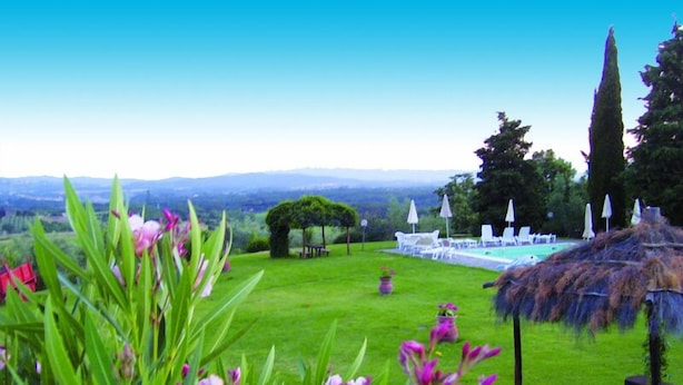 A lush garden with a pool area, a thatched structure, and a view of distant hills.