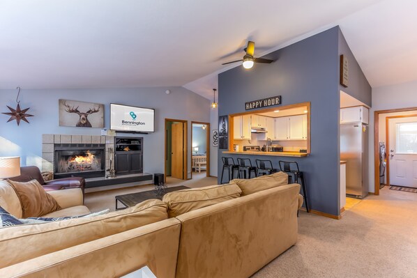 TV, fireplace, video games, DVD player