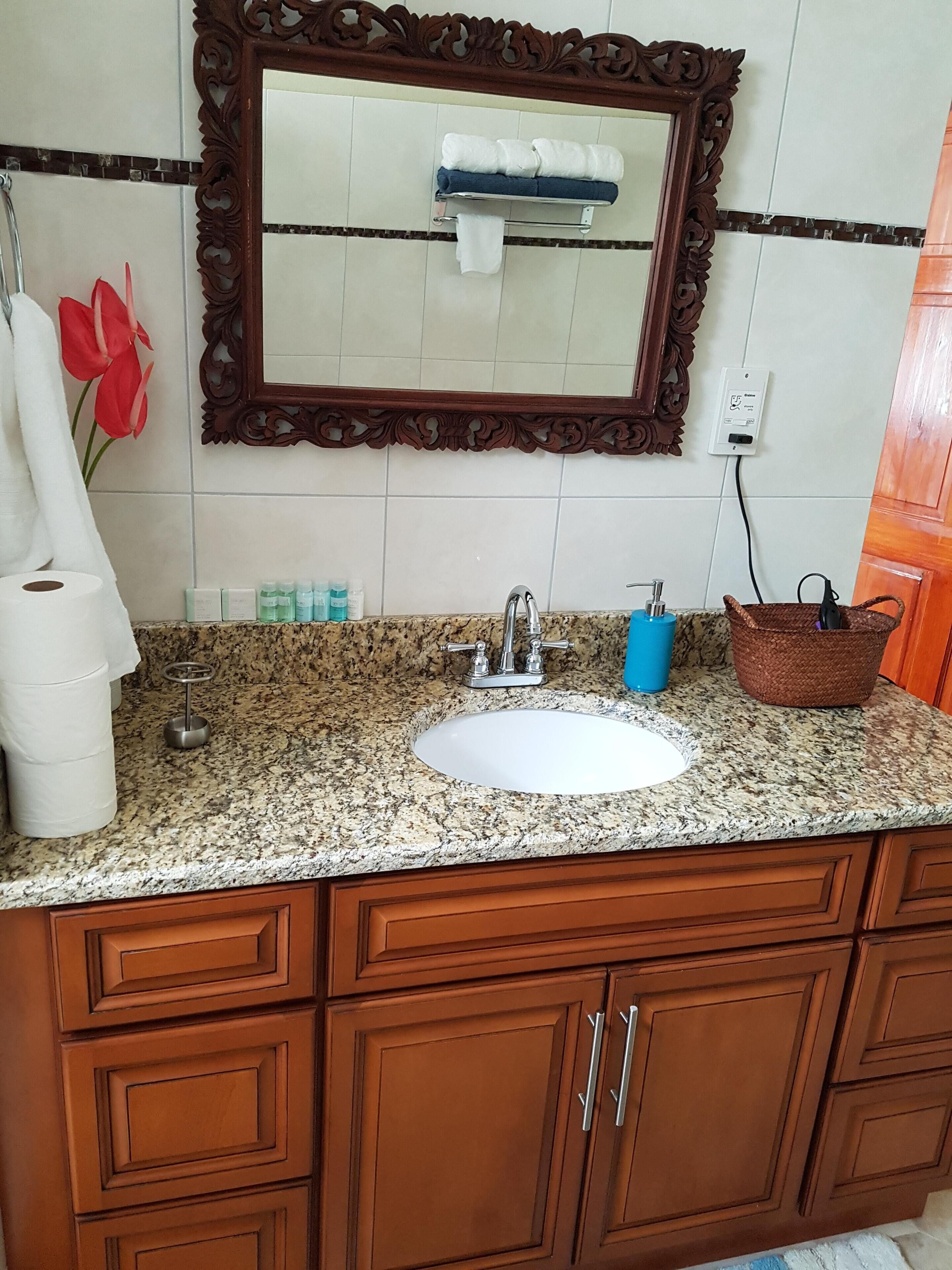 Een badkamer met een granieten aanrecht, een witte wastafel, houten kastjes, een spiegel met een sierlijk omlijsting en toiletartikelen op het aanrecht.