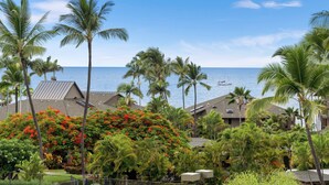 A coastal property with a view of the ocean, surrounded by palm trees and a red flowering bush.