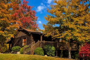 A rustic log cabin with a wooden staircase leading to the entrance, surrounded by lush trees with autumn foliage.