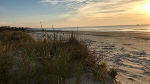 Una playa con arena, césped y una vista distante del océano.
