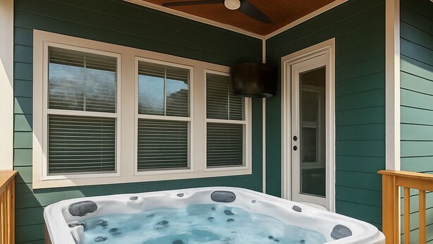 Een hottub op een houten terras, met een plafondventilator, een raam met jaloezieën en een deur.