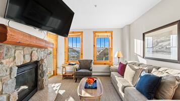 Télévision, cheminée, lecteur de DVD