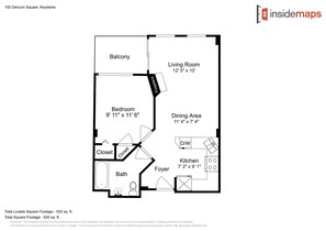 A floor plan of a 520 sq. ft. apartment with a balcony, living room, bedroom, dining area, kitchen, bathroom, and foyer.