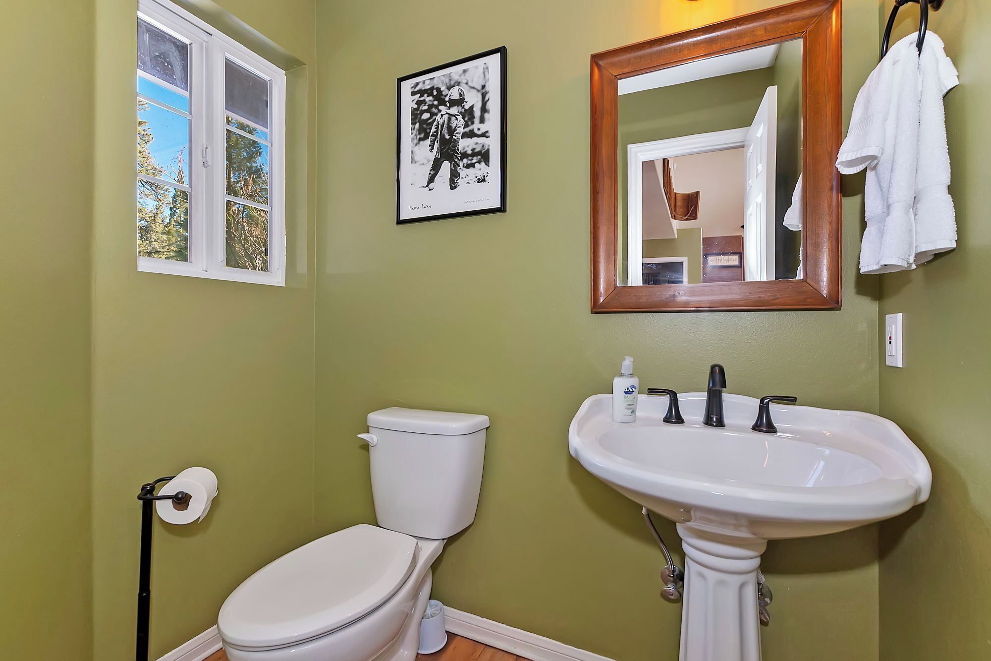 A bathroom with a toilet, sink, and a framed picture on the wall.
