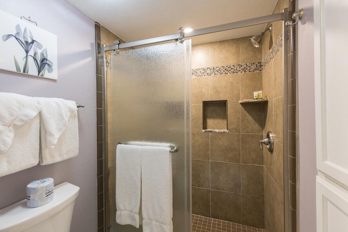 Un baño con ducha, inodoro y perchero para toallas.