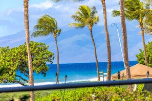Blick auf einen Strand mit Palmen, einem Zelt und dem tiefblauen Meer.