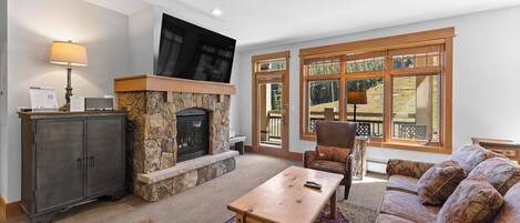 Flat-screen TV, fireplace, DVD player