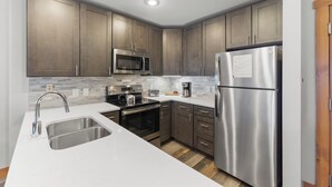 A modern kitchen with stainless steel appliances, a double sink, and wooden cabinets. - River Run Condo w/ Slope Views from Balcony, Walk To Gondola/Shops/Dining! (Keystone)