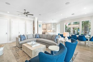 Smart TV, fireplace, table football, music library
