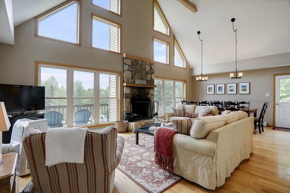 Smart TV, fireplace, video games, DVD player