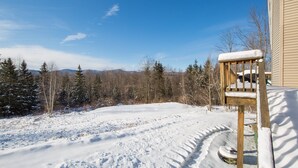 Un molo di legno con una sedia ricoperta di neve, un sentiero innevato e una foresta sullo sfondo.