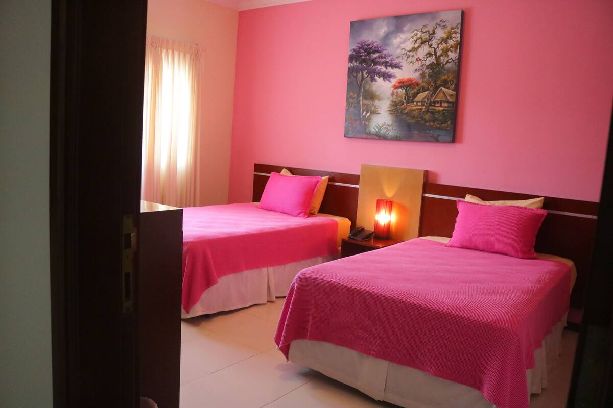 A hotel room with two beds, each with a pink bedspread, a painting of a landscape on the wall, and a bedside lamp.